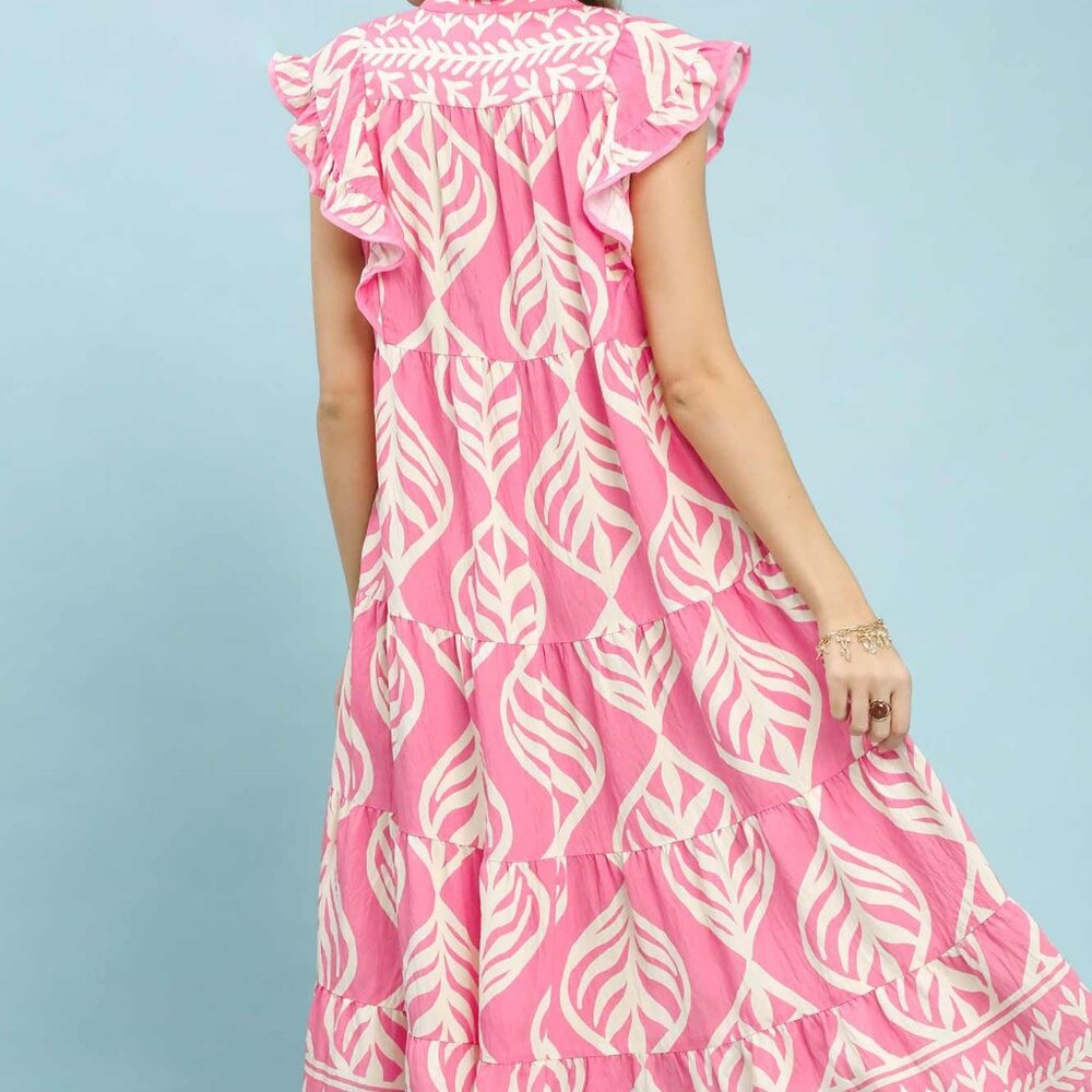 Umgee Leaf Print‎ Tiered Maxi Dress with Pockets - Picture 3 of 5